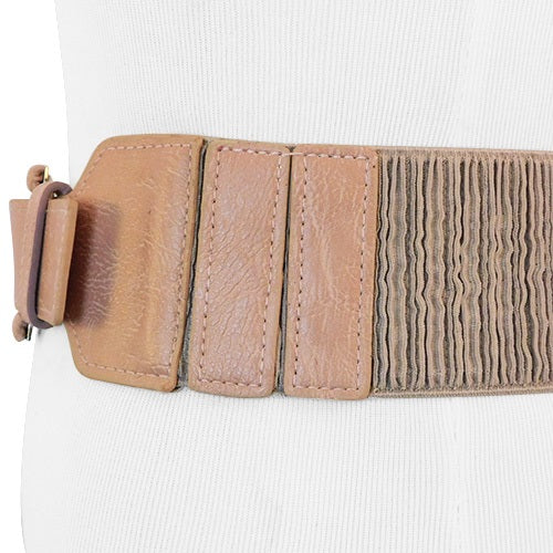 Brown Faux Leather Wide Stretch Belt with Covered Belt Buckle