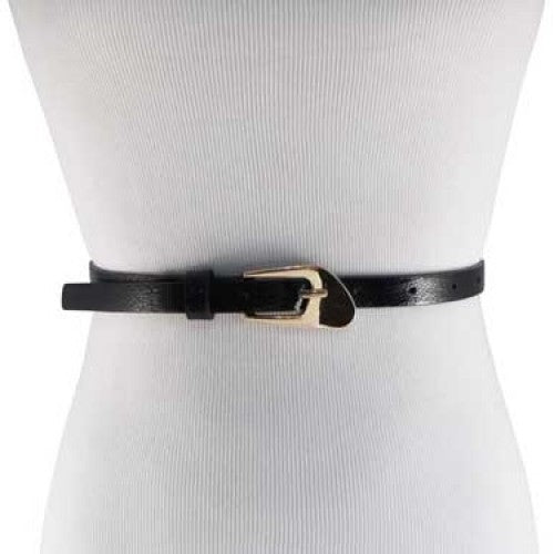 Textured Black Skinny Belt with Oblique Brass Buckle – Keep Your