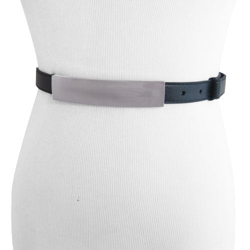 Thin Black Faux Leather womens Belt with Modern Silver Buckle