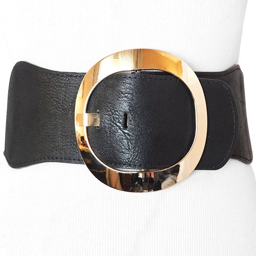 Black Wide Women's Stretch Belt with a Rose Goldtone O shaped Buckle